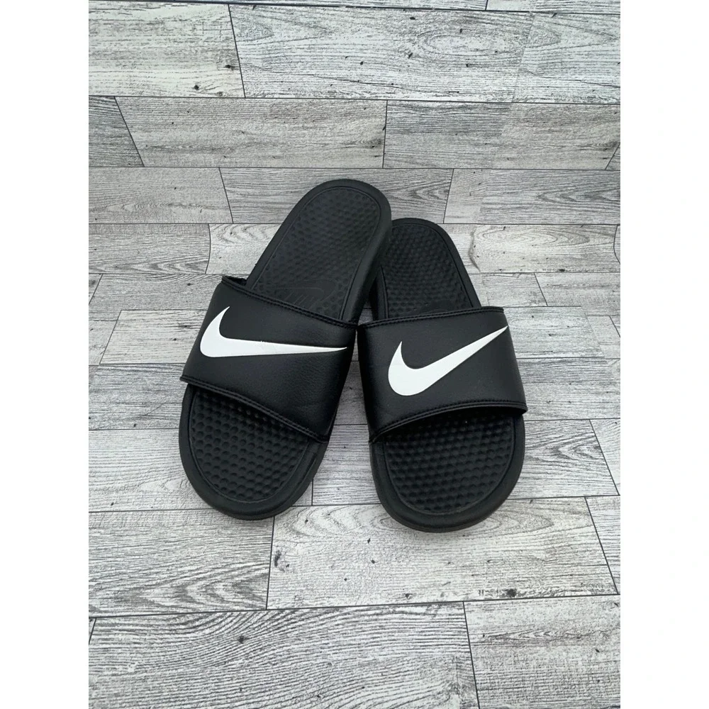 Nike Benassi JDI Black White Swoosh Slide Sandals 343880-011 Men Sz 8